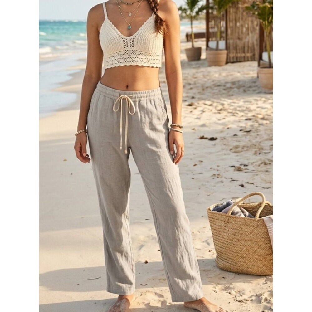 For Cynthia Gray Linen Blend Pull On Pants - Casual Drawstring Trousers - Size M